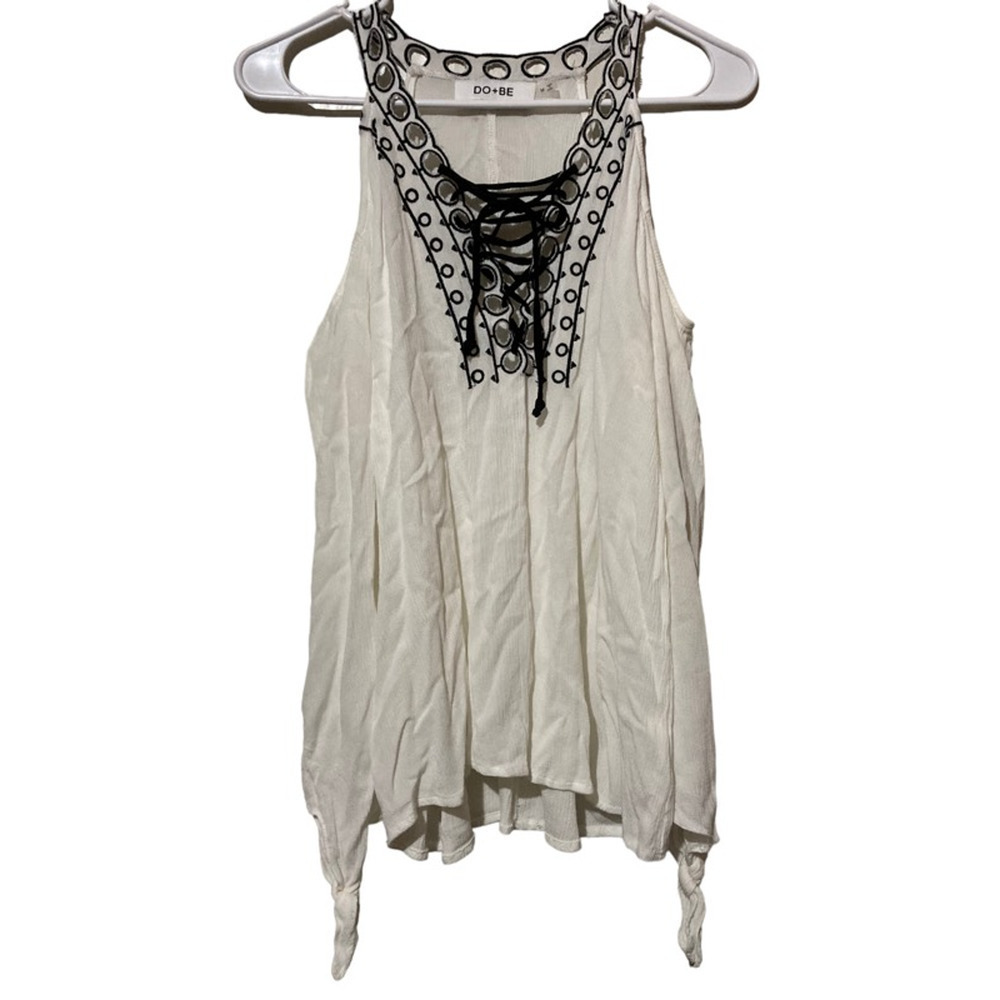 Do+Be Tank Top Women's M Ivory Solid‎ Sleeveless Lace Up V Neck Waterfall Blouse